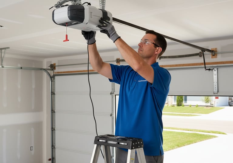 Photo of garage door technician repairing a garage door opener