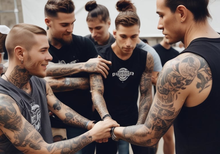 e gathered around a young girl, placing their hands gently on her shoulders in a supportive gesture. They seem to be outdoors, with trees and a small building visible in the background. The scene co