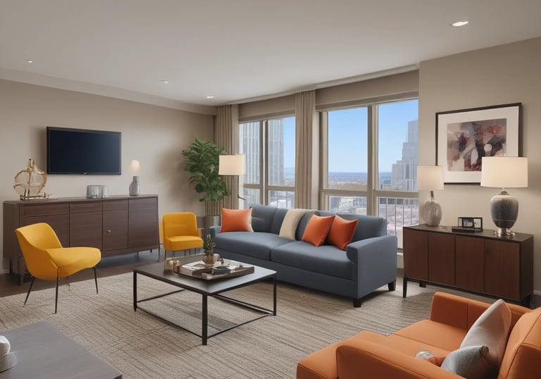 A modern, well-furnished living space with a cozy atmosphere and ample natural light.