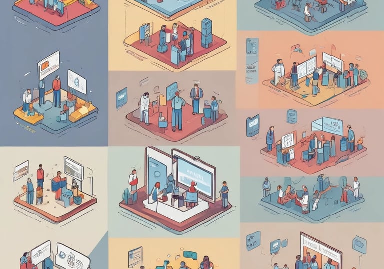 A smart display device sits on a white kitchen counter against a backdrop of white tiled walls. The screen displays various interactive options such as Find food recipes, Play videos, Manage photos, and Check news, each represented by images.