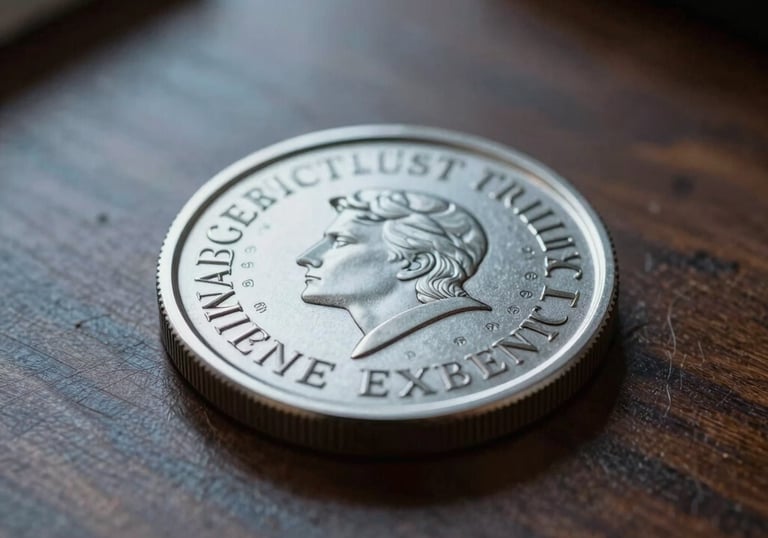 Close up of an encrypted physical token on a dark polished wooden desk, soft focused lighting, Mist Gray and Soft Blue palette, evoking sovereign trust and French excellence.