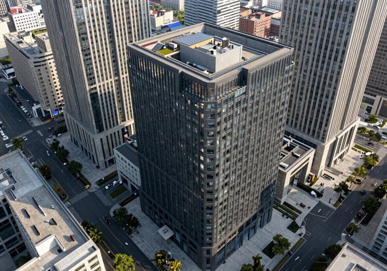 An aerial drone perspective of a well-organized city business district featuring modern charcoal and stone facades.