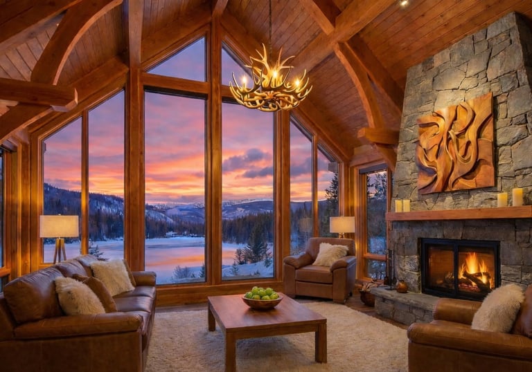 Luxury rustic living room with a stone fireplace and sunset mountain views through large windows.