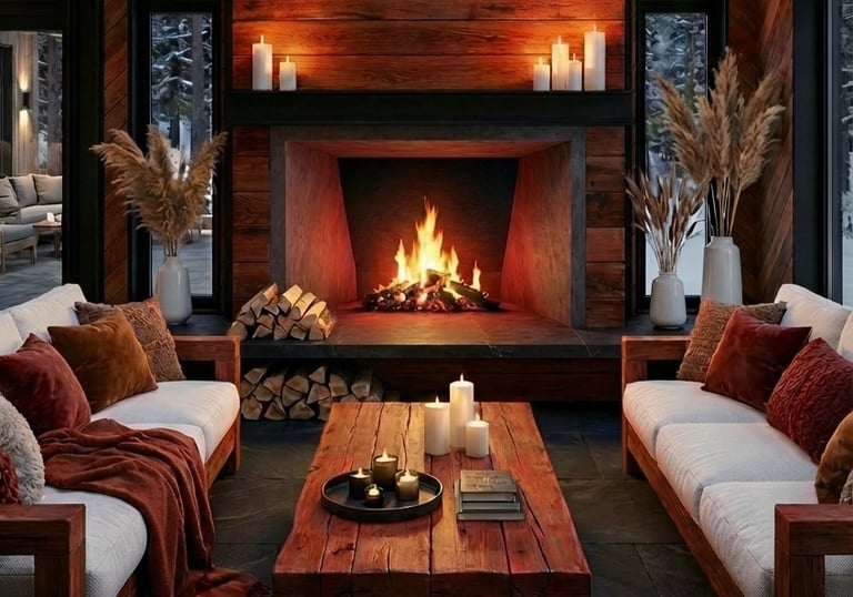 Rustic modern living room featuring a cozy fireplace, wood paneled walls, and white sofas with warm blankets.