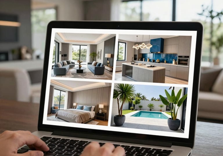 Elegant living room of a luxury vacation home with soft natural light.