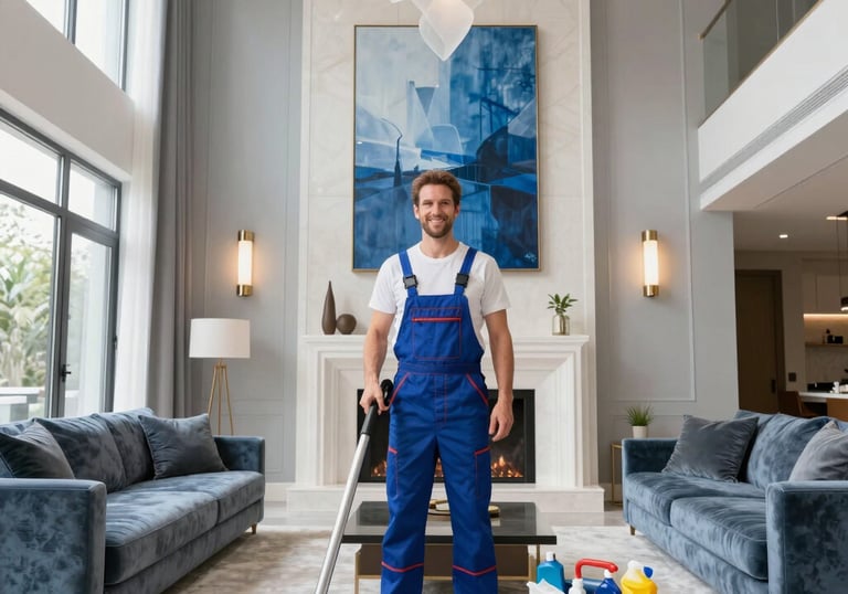 Professional house cleaner in blue overalls vacuuming a luxury living room with cleaning supplies.