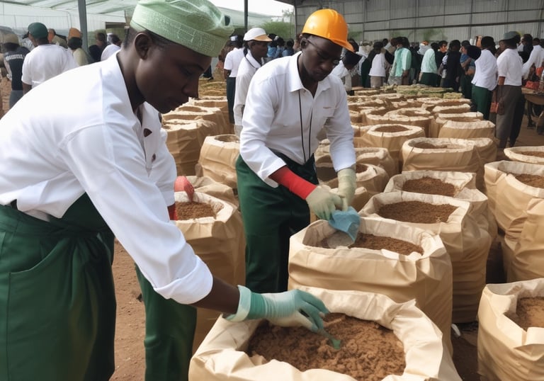 Stacks of export sacks loaded and prepared for global shipment under warm sunlight.