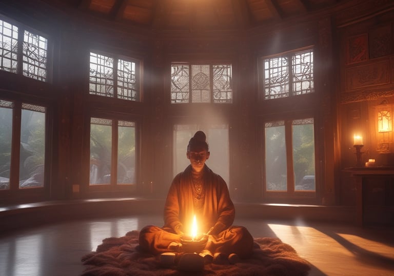 A peaceful meditation space with soft cushions and candles, inviting relaxation and reflection.