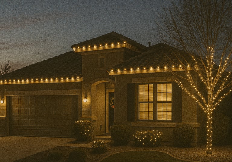 a house with christmas lights on the front of it