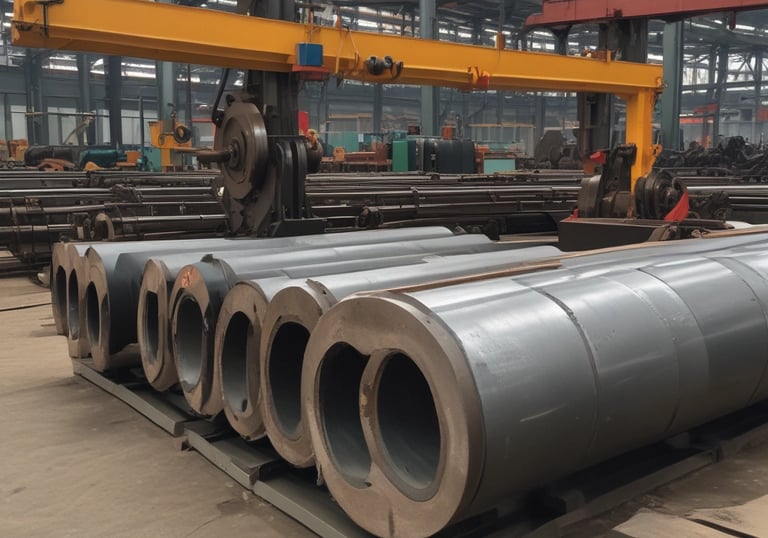 A collection of industrial tools and equipment scattered on a concrete surface. Several metal parts and pipes, including a red rectangular sign with white markings, rusty and worn, are visible. The area also contains a hydraulic component with hoses attached, along with various metal scraps and wooden planks.