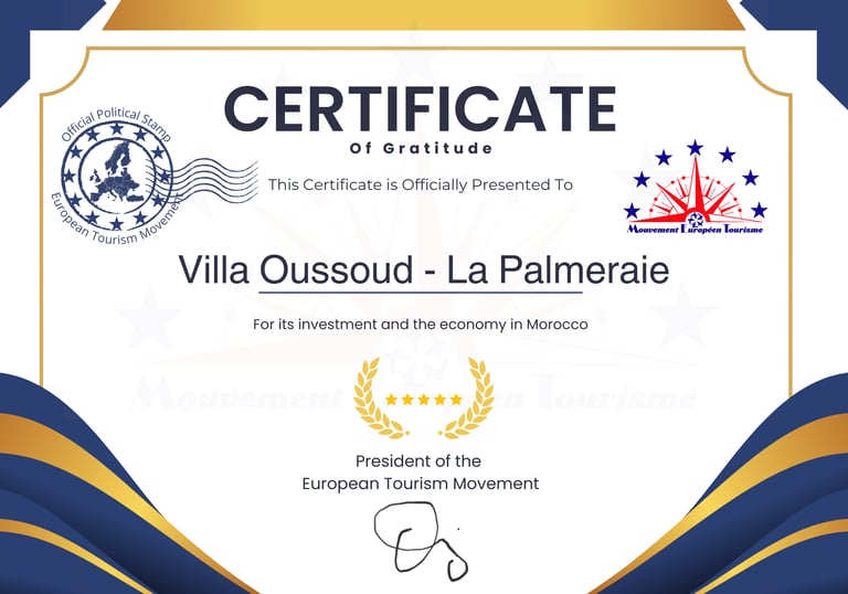 Certificate of Gratitude Villa Oussoud - La Palmeraie