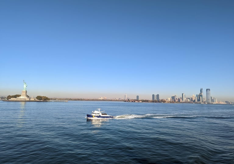 New York City skyline and Statue of Liberty from the harbor