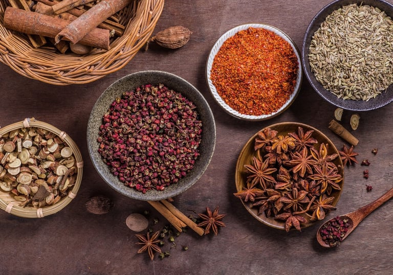 a variety of spices and spices in bowls