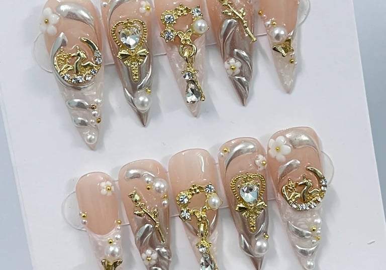 Elegant Pearl French Tip Long Stiletto Press On Nails, Handpainted Fake, False Nail, Christmas Nail Art, Royal Nail Tips