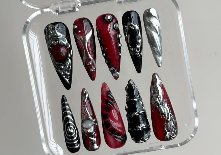 Hand-Painted Free-Style Press On Nails, Silver Metallic Crystal Long Stiletto, Custom Chrome Fake Nails, Gothic Nails