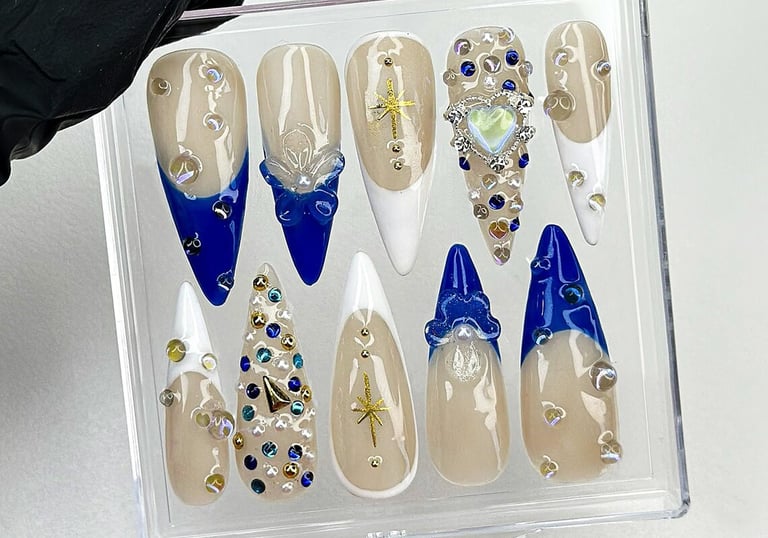 Elegant Crystal long stiletto Press On Nails, Luxury handmade nail set, Custom design Vibrant Floral Nail Art, Almond Nails,