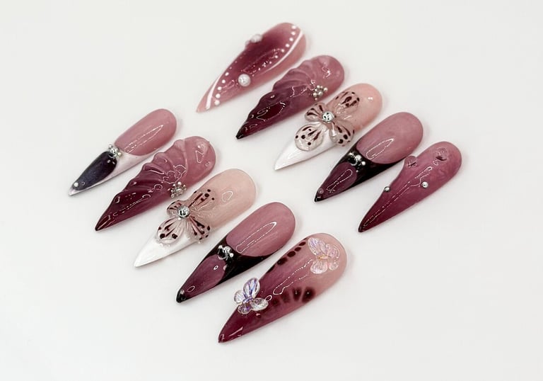 Burgundy Floral 3D Press On Nails, Floral Design with Rhinestones, Floral Accents And Pearl Details, Stylish & Trendy Nail De