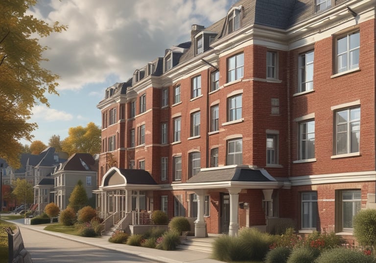 A brick building with a large garage door and a sign reading 'Fire + Rescue'. The structure has a dark sloped roof, a window with white panes, and an Australian flag visible in the background. The sunlight casts shadows on the brick wall.