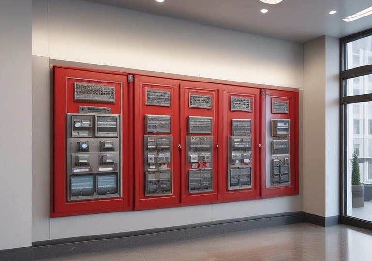 A dark, industrial-style fire safety door is set into a textured concrete wall. The door is equipped with a simple handle and features a sign that states 'Fire Safety Door - Do Not Obstruct - Do Not Keep Open.' Above the door, a small white box is mounted on the wall, possibly an alarm or sensor.