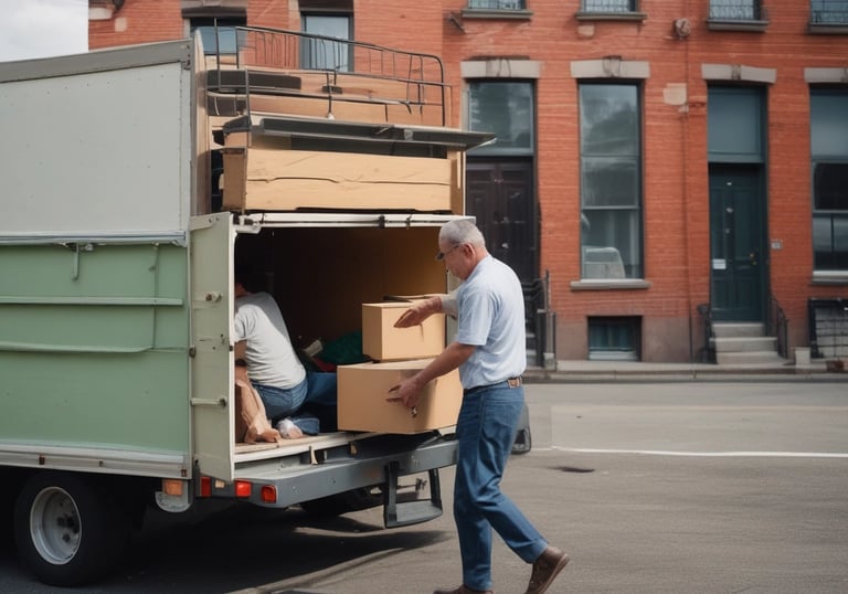 A large moving truck is parked on a residential street with its back doors open and a ramp leading down to the sidewalk. Boxes and furniture can be seen inside the truck, and a person is partially visible inside, seemingly organizing or unloading items. The surrounding area has lush green trees and grass, suggesting it’s a well-kept neighborhood.