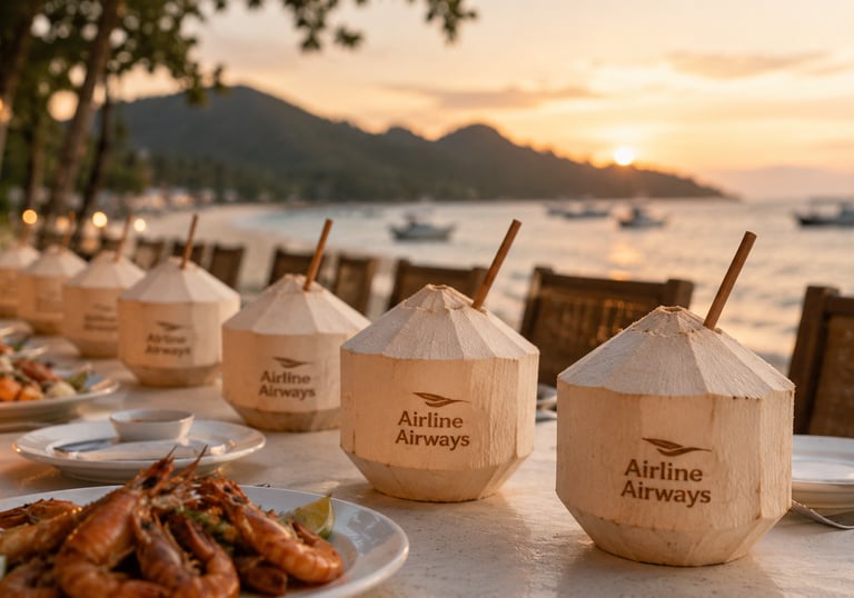 Fresh Airline Airways branded coconuts and grilled shrimp served on a beach during a tropical sunset dinner.