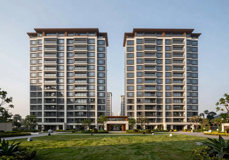 A high-end residential apartment complex in a South Asian / Indian city, showcasing modern architecture and landscaped gardens during a bright afternoon.
