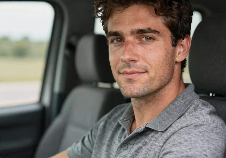 Handshake between a trucking company manager and a driver in front of a fleet.