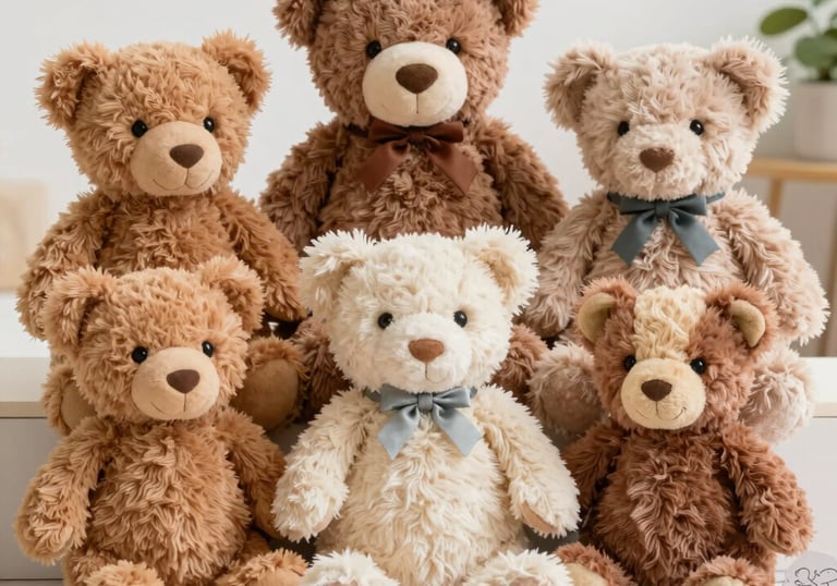 An overhead shot of a playful arrangement of puzzles, blocks, and plush toys on a bright play mat.