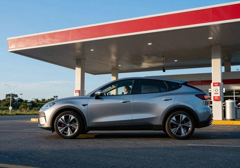 A modern car parked at a rest stop on a Brazilian highway, with a family visible inside. Sky Blue sky and Steel Blue asphalt.