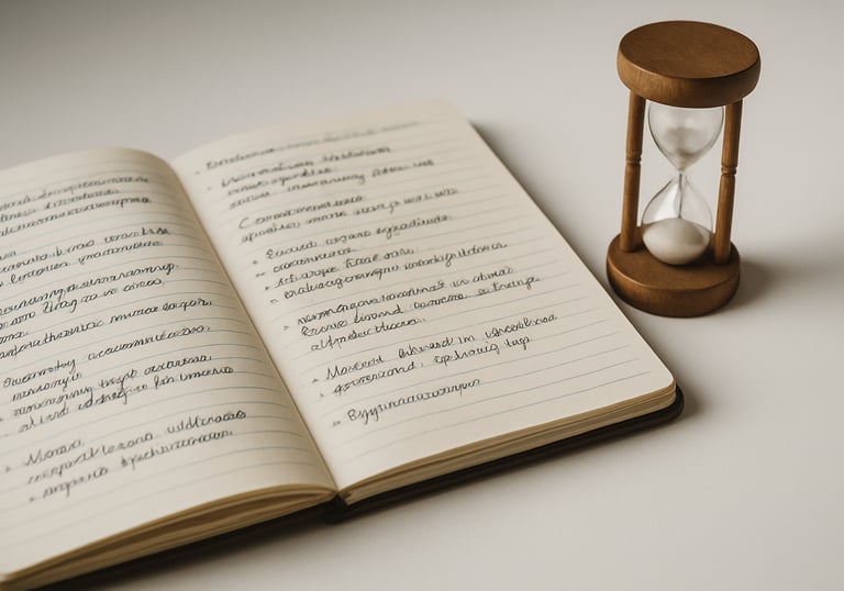 An open notebook with handwritten Polish notes lying on a clean white desk next to a small wooden hourglass, symbolizing the process of reflection and time for self-care.