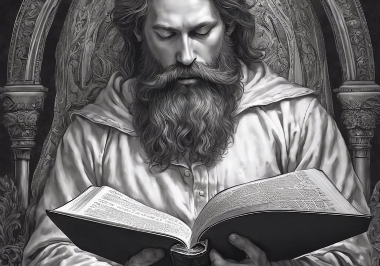 man holding a bible and a sword with facial hair