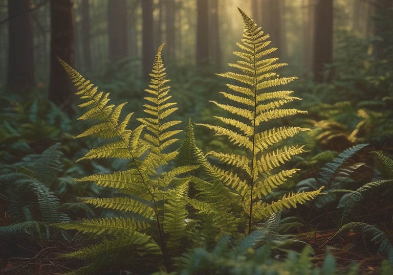 Close-up of fern leaves in a forest with soft light filtering through the trees.