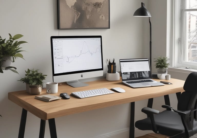 Professional reviewing data visualizations and charts on a laptop in a modern office environment.
