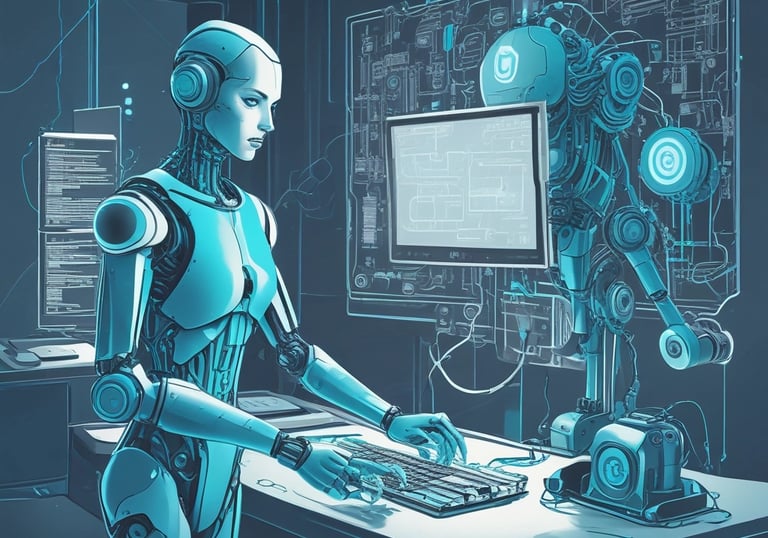 Large blue letters 'AI' stand prominently on a surface covered with a pattern of hexagonal shapes. Dark swirling lines intersect around the letters, creating a sense of motion and complexity. The background has a metallic sheen with a futuristic, digital style.