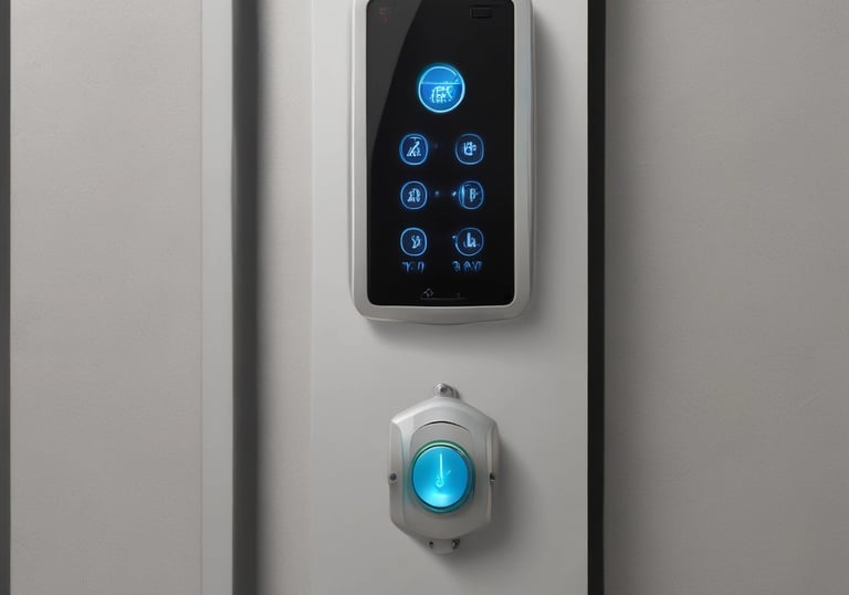 A wall-mounted setup featuring two black electronic control boxes labeled 'Advanced Access Control' by ZKTeco. Each box has indicator lights for power, run, and communication. The boxes are mounted on a wooden panel, surrounded by a variety of cables including yellow and white ones. The smaller box is mounted below the larger one and both have key locks.