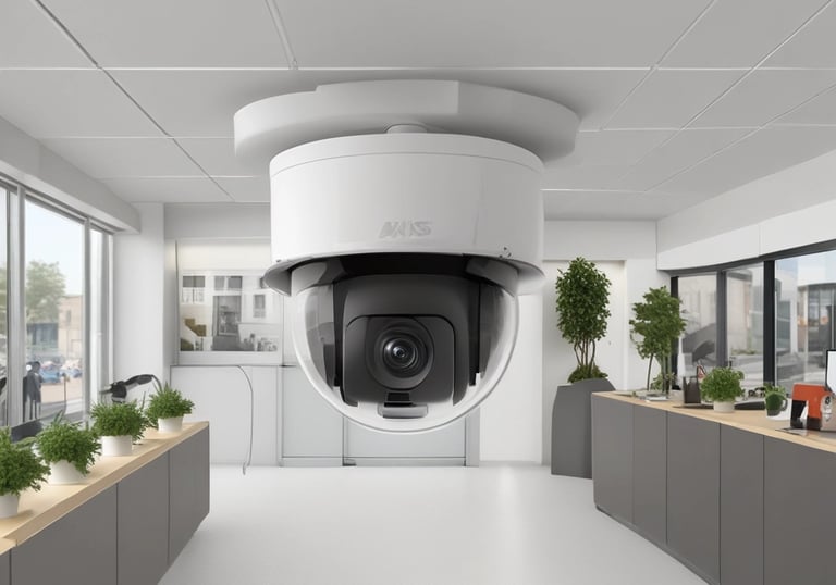 An electronic intercom system mounted on a wall, featuring a camera, a speaker, a numeric keypad, a small display screen, and a sensor for card scanning. The panel appears to be metallic with a sleek design.