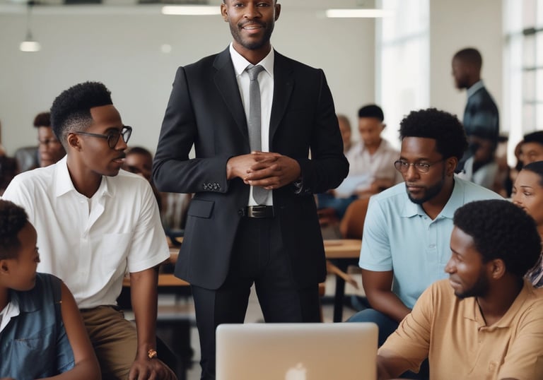 man standing in front of people sitting beside table with laptop computers