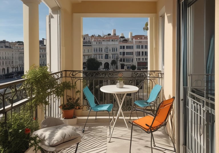 A picturesque coastal scene featuring swimmers enjoying the calm, blue water. In the backdrop, colorful buildings with a mix of architectural styles are nestled among lush green foliage. A hotel named Metropole is prominently visible, and people are relaxing by the waterfront, which is lined with lounge chairs and umbrellas.