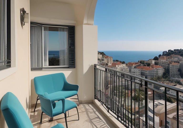 A beach house with a light blue and white facade is surrounded by palm trees and directly faces the sandy shore. The house features a second-floor terrace with an outdoor seating area and a few people are visible enjoying the space under a bright blue sky.