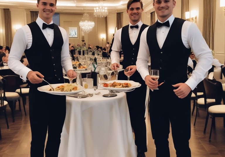 a group of men in formal attire standing in a restaurant