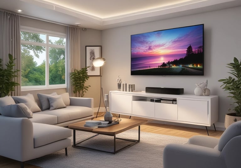 A dimly lit room features a desktop monitor and a laptop on a desk, both displaying lines of code and digital graphics. The primary focus is on programming and software development, with a dark, tech-centric theme.