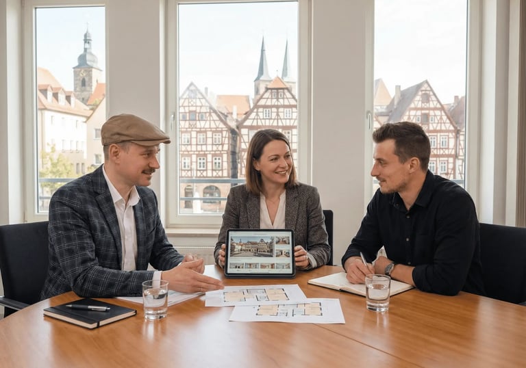 Beratungsgespräch bei Reidelbach Immobilien in Fürth mit persönlicher Immobilienberatung und Objektpräsentation am Tablet