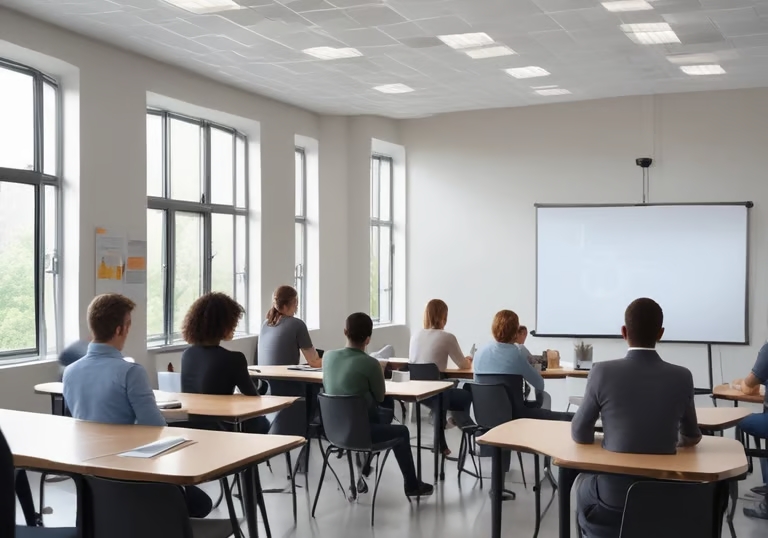Empleados sentados en un aula moderna mirando hacia una pantalla blanca en plena capacitación empres