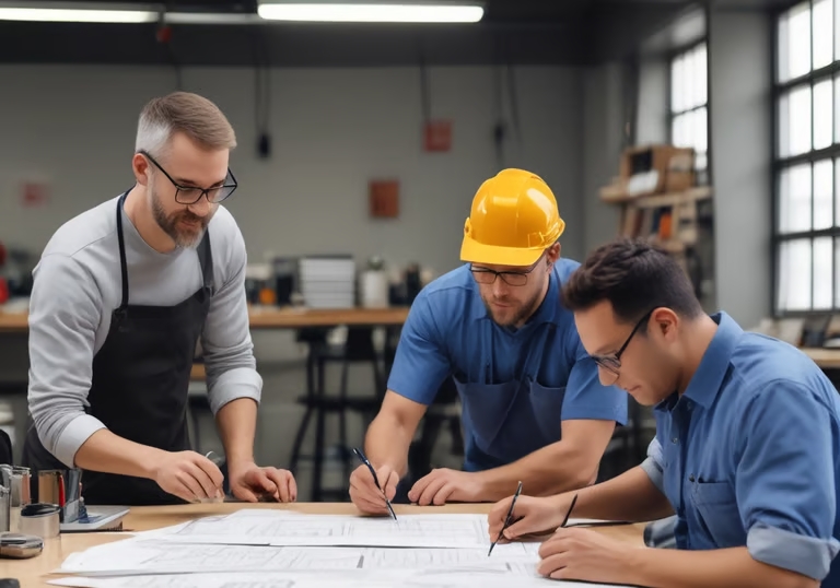 Ingenieros y técnicos revisan planos sobre una mesa de taller durante un módulo de capacitación empr