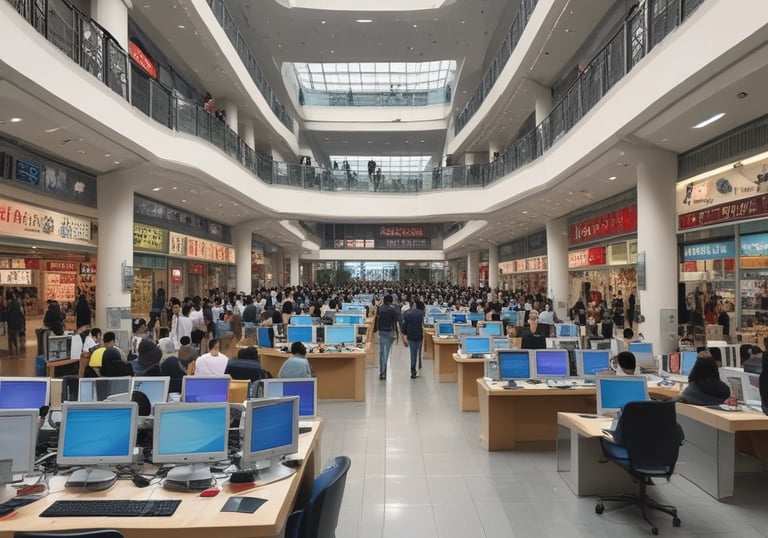 A bustling indoor market scene with many people engaged in buying and selling activities. There are stacks of packaged goods and containers around, and vendors are interacting with customers. The structure suggests a large warehouse with numbered sections on the pillars.