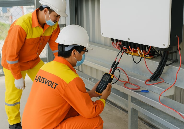 two men in orange safety gear are working on a lsolar inverter