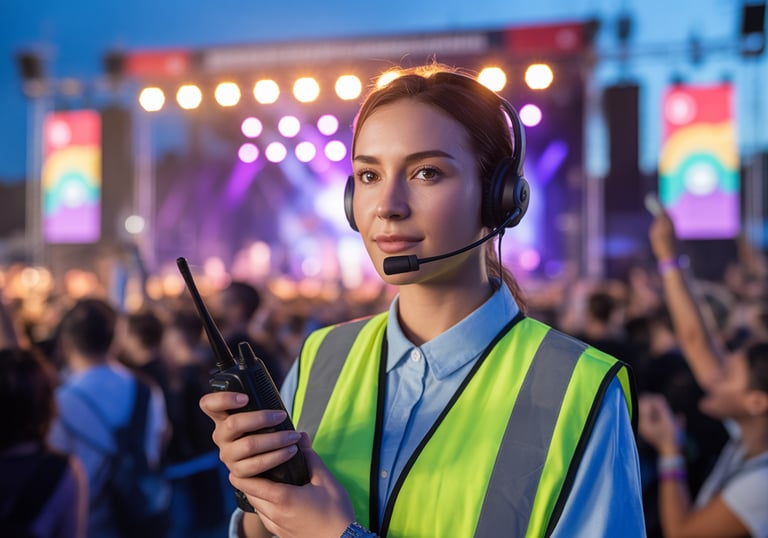 Event safety steward wearing high visibility vest managing crowd at public event
