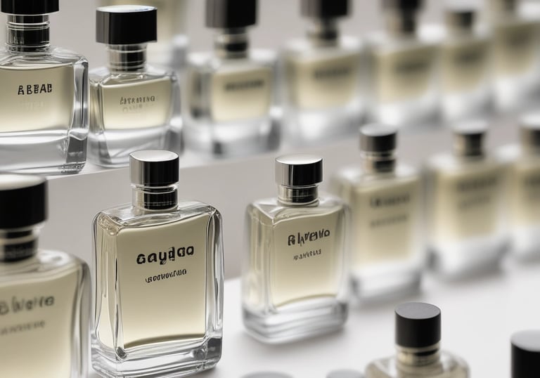 Multiple bottles of fragrance oil are neatly arranged on wooden shelves. The bottles vary in size and have labels with text both in English and another language. The lighting is warm, highlighting the sleek, dark-colored containers.