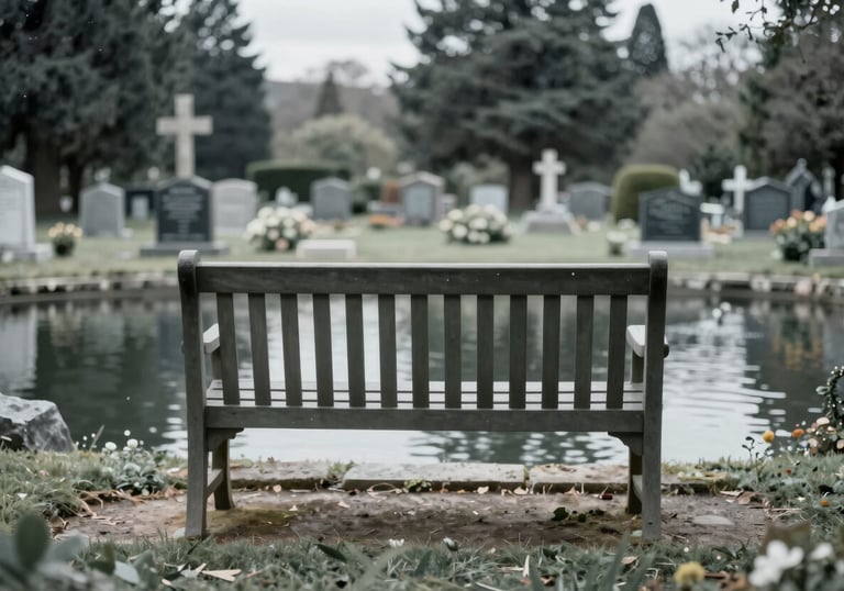 A tranquil garden bench overlooking a pond on the cemetery grounds. The scene is calm and meditative, with colors echoing #F7F9F7 and #6C7C71.