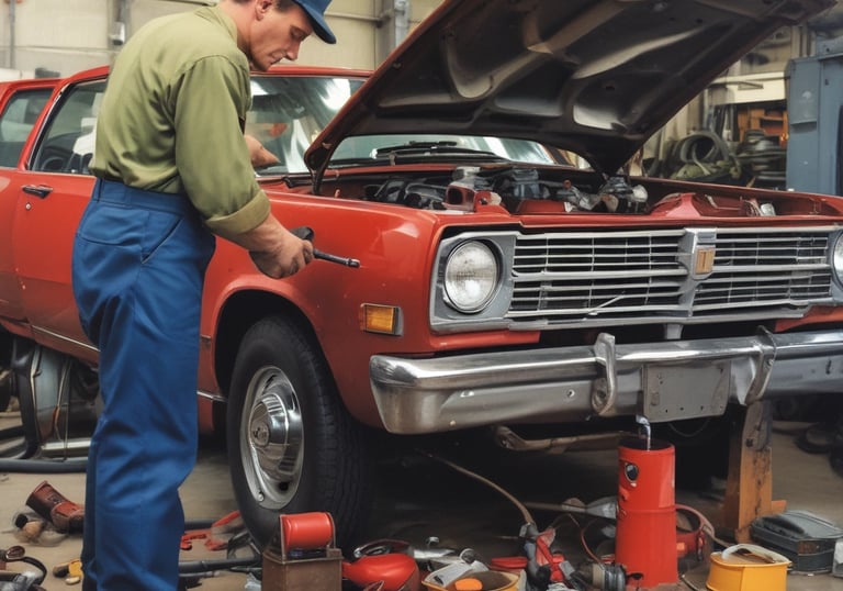 A dimly lit motorcycle garage featuring several motorcycles on a yellow floor. Various tools are displayed on the walls, and an illuminated sign reads 'MOTORIFICS'. The atmosphere is rustic and industrial.